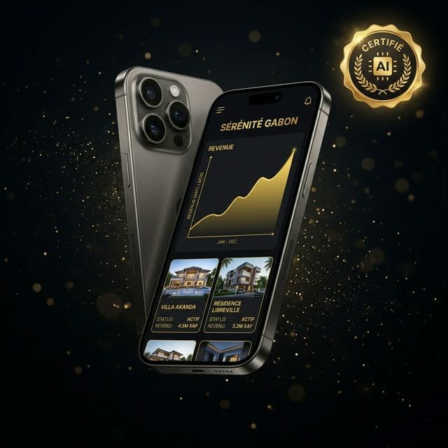 Dashboard Propriétaire Sérénité Gabon sur smartphone — Revenus, missions et gestion de propriétés en temps réel